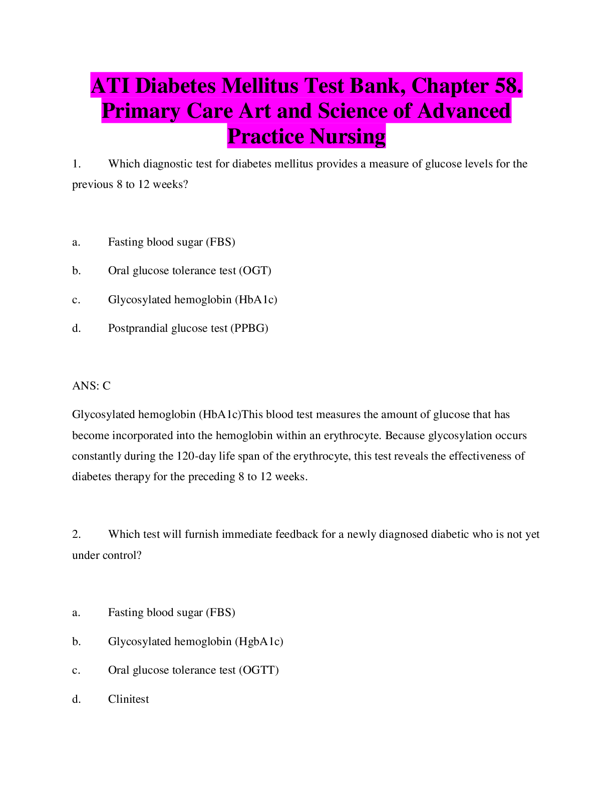 Preview of ATI Diabetes Mellitus Test Bank, Chapter 58. Primary Care Art and Science of Advanced Prac